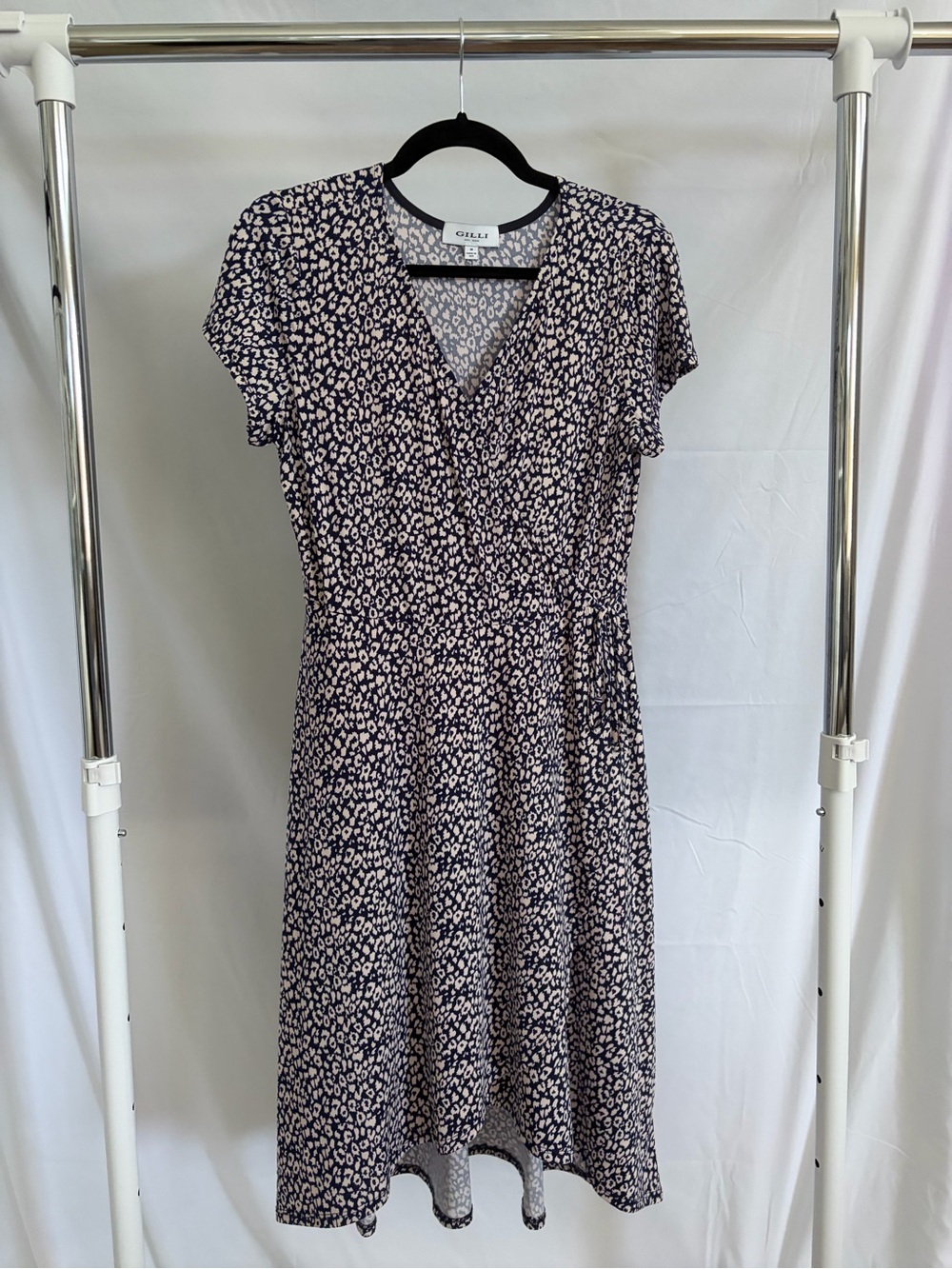 Gilli Navy and Cream Leopard-Spot Midi Wrap Dress